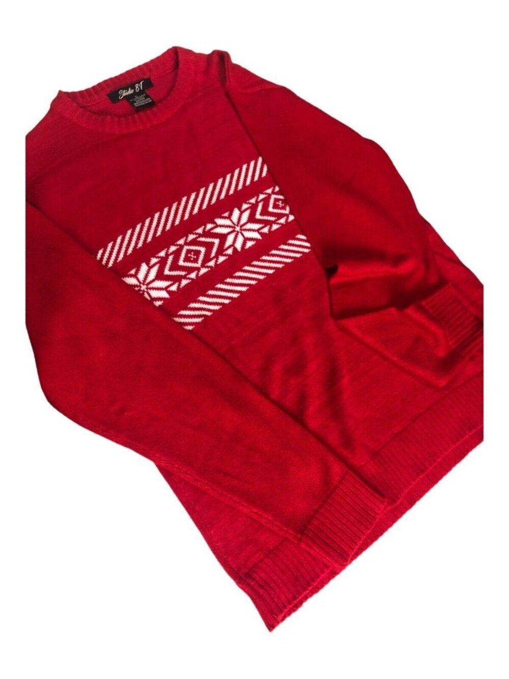 Red Holiday Round Neck Pullover Christmas Winter Snowflake Print Sweater Sz XL